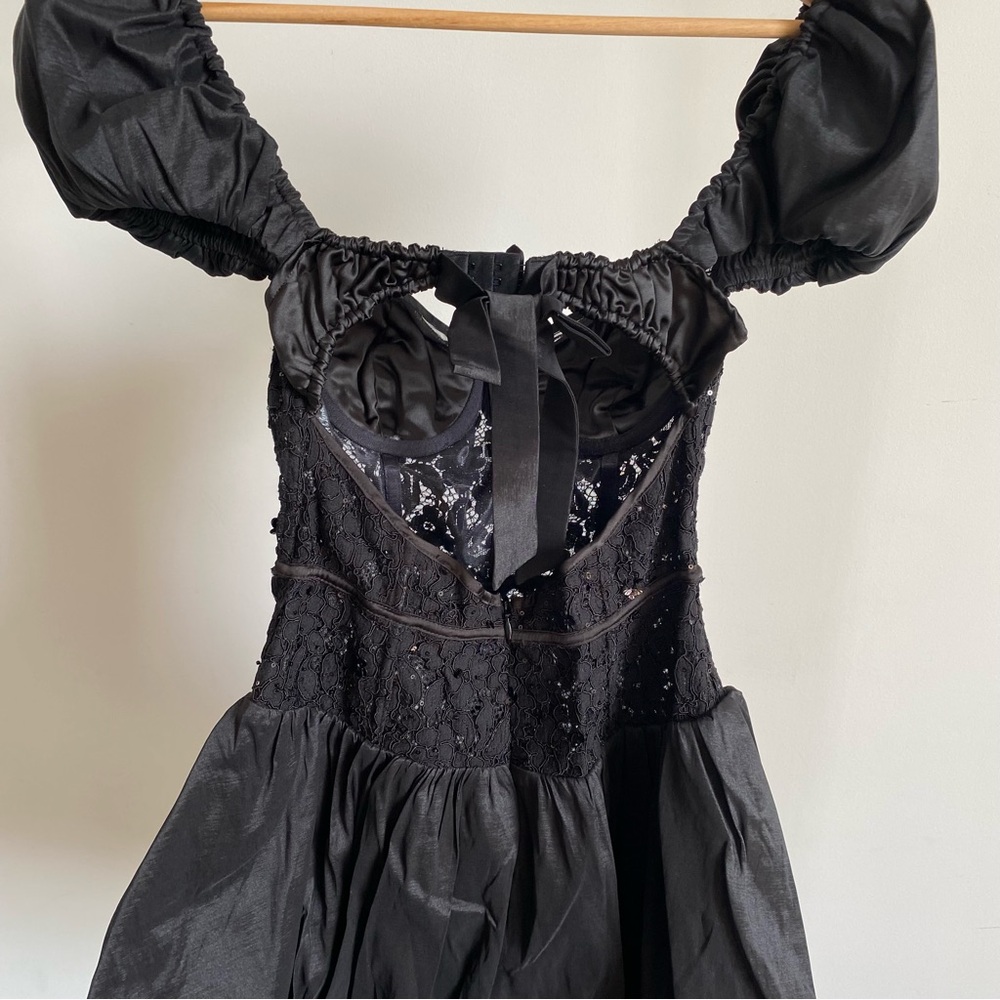 For Love And Lemons Black Embellished Puff-Sleeve Bubble Mini Dress - Picture 11 of 12